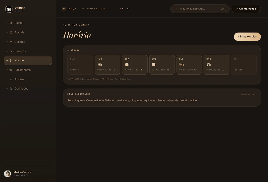 Horário — ecrã do produto