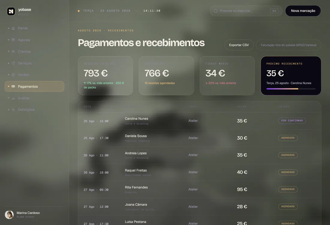Pagamentos — ecrã do produto