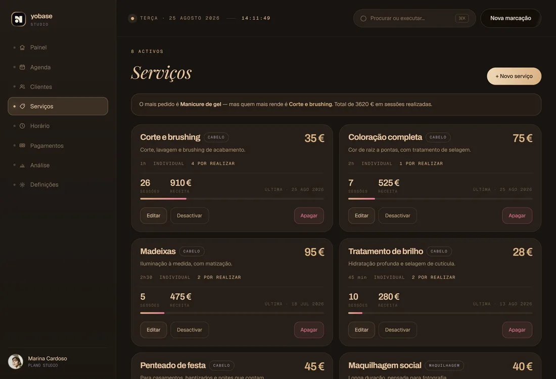 Serviços — ecrã do produto